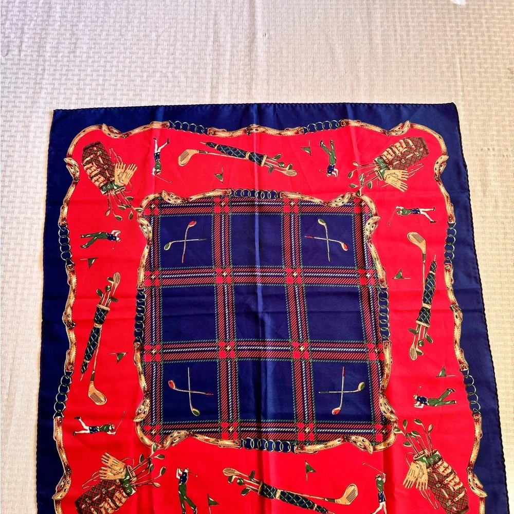 Vintage Golf Print Red &‎ Navy Plaid Scarf 32” Square Satiny Finish